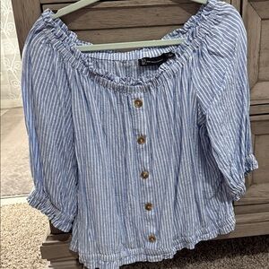 New York & Company Light Blue and White Striped Off-Shoulder Button Top
